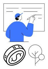 Person in blue shirt writing on a whiteboard, coin with dollar sign, abstract tree with round leaves. Ideal for business planning, teaching, economics, financial growth, environmental awareness