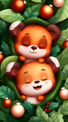 Two Cute Cartoon Bears Sleeping in Holly Christmas Design, Festive Background, Holiday Card.
