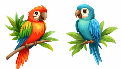 Obraz premium Two vibrant parrots perched on branches, tropical leaves background, children's book illustration.