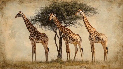 Obraz premium Three giraffes standing in a savanna, under a tree, in a vintage-style sepia image.