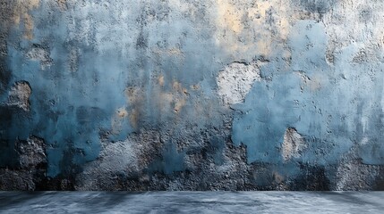 Grunge blue wall texture with floor, aged, distressed, weathered, vintage background.