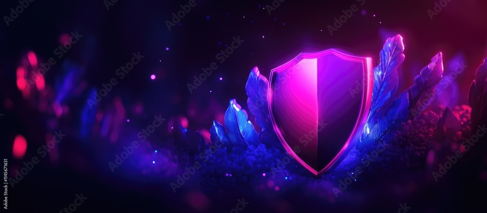 Poster cybersecurity concept featuring a vibrant shield symbol representing data protection and privacy aga