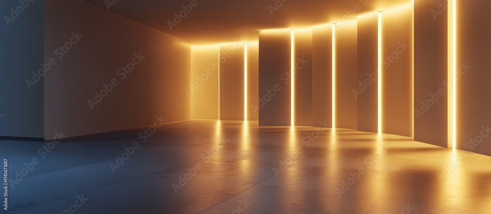 Poster modern office interior with minimalistic design featuring dim lighting and abstract illuminated line