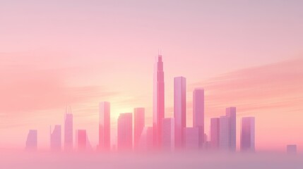 Fototapeta premium A city skyline is shown in a pinkish hue, with a cloudy sky in the background
