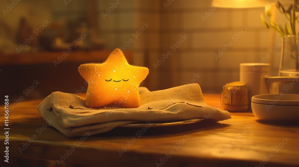 Poster cozy handmade table setting with a whimsical star-shaped cushion nestled in a napkin on a rustic woo