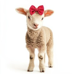 Obraz premium Cute baby lamb with heart-shaped bow indoor setting animal portrait whimsical vibe close-up view adorable concept