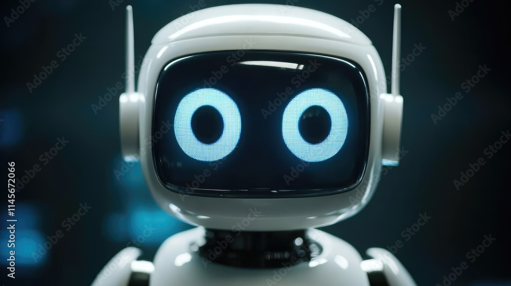 Poster futuristic chatbot with friendly digital face representing ai technology in online customer service 
