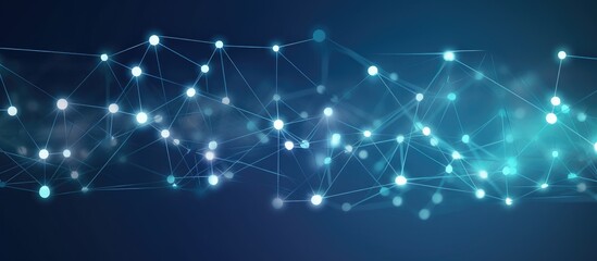 Fototapeta premium Abstract network connection graphic with glowing nodes and lines representing digital communication and technology on a blue background.