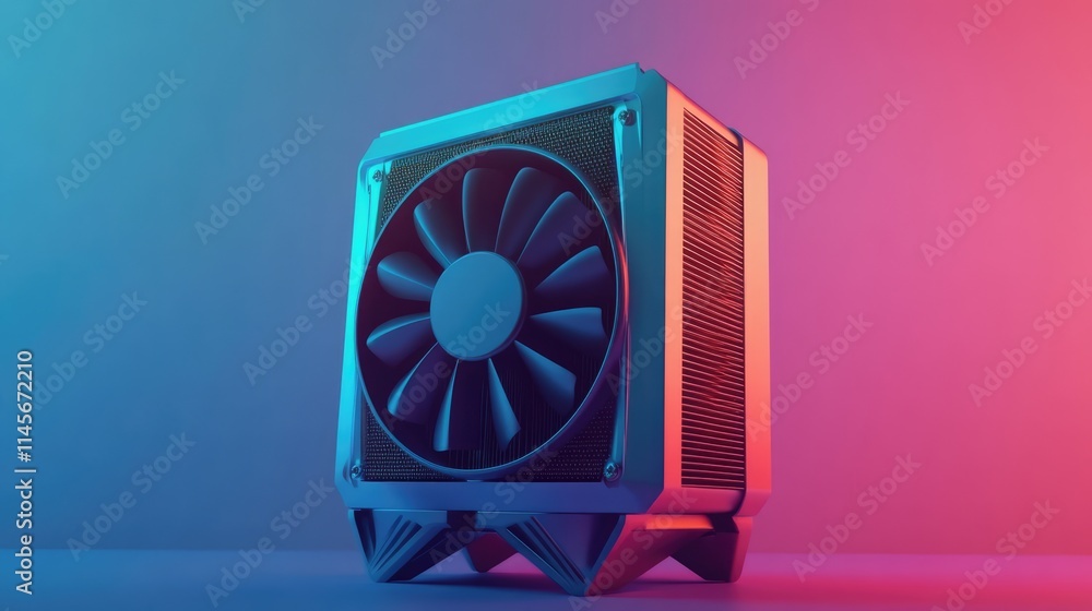 Poster modern cpu fan with heat sink illuminated in vibrant colors isolated on gradient background for tech