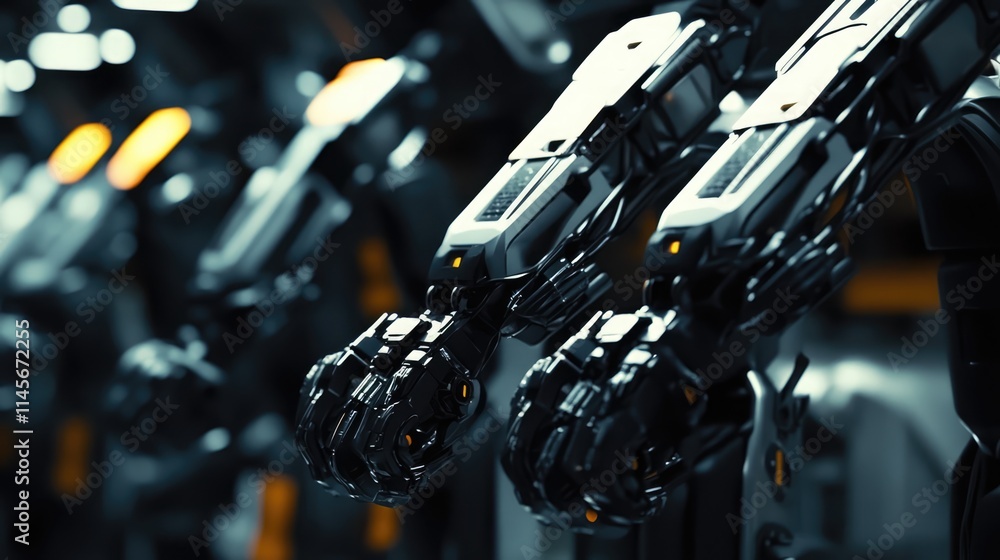 Poster row of advanced robotic arms in high-tech factory for automated battery pack production and car manu