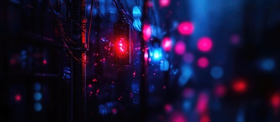 Obraz premium Urban infrastructure chaos with tangled wires and poles illuminated by vibrant city lights depicting electrical systems in a dynamic environment