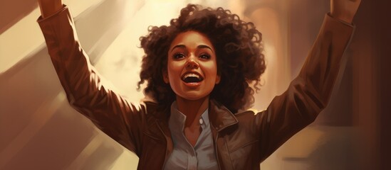 Joyful young woman celebrating success with raised fists against a warm, glowing background conveying positivity and empowerment.