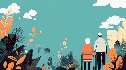 World Parkinson's day with elderly couple in nature - awareness and support. Horizontal banner. Copy space. Brain dysfunction. Memory loss, degenerative disorder. Taking care of mental health