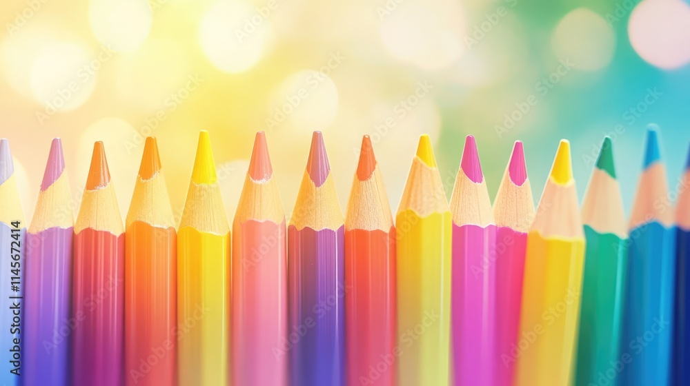 Poster colorful assortment of drawing pencils arranged in a row with blurred bokeh background showcasing cr