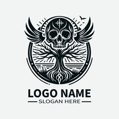Tree of Life Skull Logo Design, Skull and Tree Symbol Logo, Life and Death Logo, Nature and Mortality Logo, Dark Fantasy Logo. 