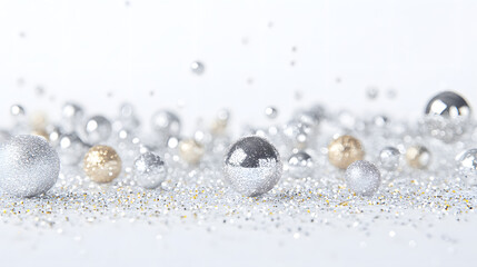 Silver and gold glitter balls on a sparkling surface. Festive, elegant, and perfect for holiday celebrations or winter themes. Ideal for backgrounds and greeting cards.