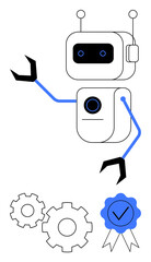 Robot with mechanical arms pointing upwards, surrounded by gear icons and a certification badge. Ideal for technology, automation, robotics, quality control, engineering, manufacturing, innovation