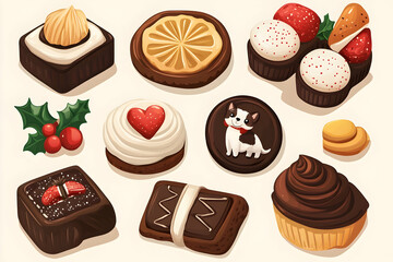 Assorted Christmas chocolates & desserts, festive background, holiday baking, food blog, recipe illustration.