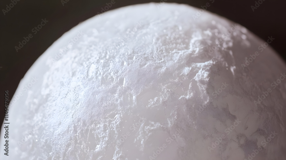 Poster close-up of a textured, spherical object resembling a moon or planet. its surface is light gray with