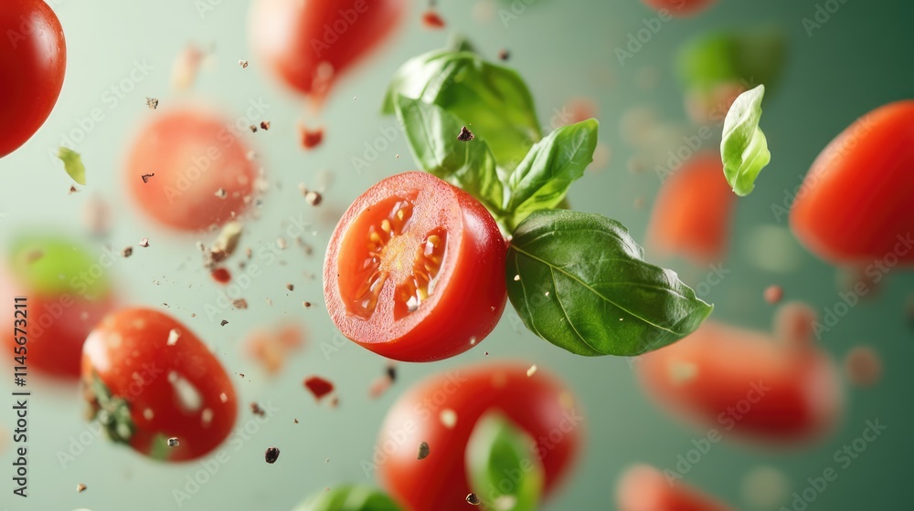 Poster flying tomato slices with fresh basil leaves and spices on a softly blurred background creating a dy