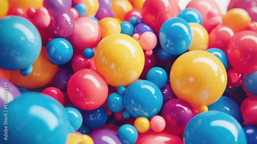 Poster colorful arrangement of glossy toy balloons in various sizes creating a vibrant and playful backgrou