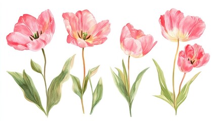 Obraz premium Delicate pink tulips with green leaves beautifully arranged on a pure white background for floral design and decoration concepts