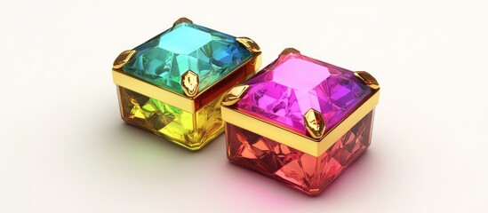 Obraz premium Colorful jewel boxes with gold accents on a light background showcasing elegance and luxury in design.