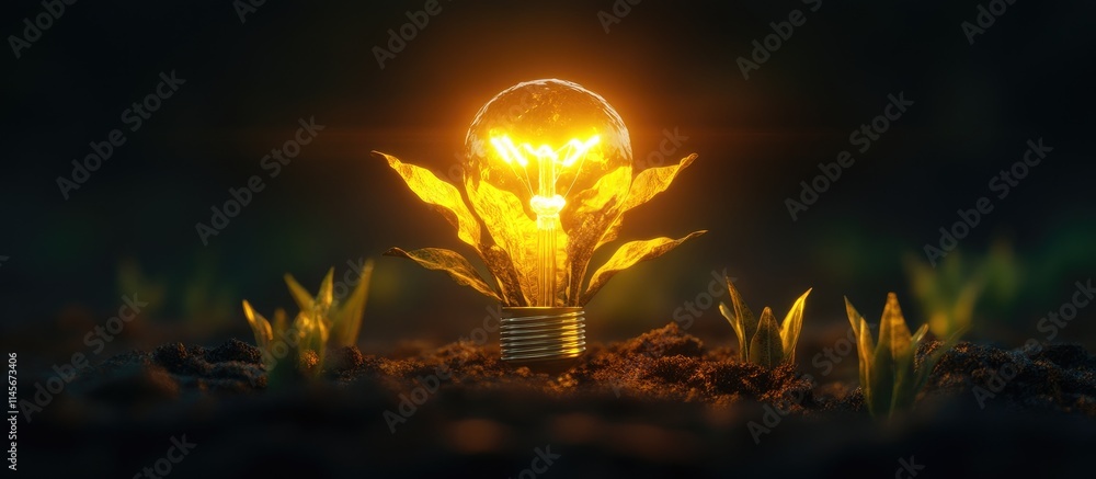 Poster light bulbs symbolizing sustainable energy and nature's growth with greenery emerging from the light