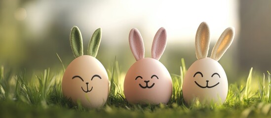 Easter Eggs with Bunny Ears Smiling Faces on Eggs Surrounded by Fresh Grass in a Cheerful Spring Setting