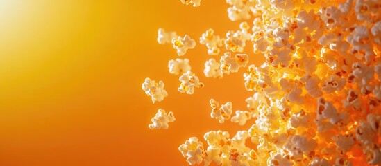 Vibrant popcorn cascade on warm background ideal for movie night invitations and promotional cinema materials