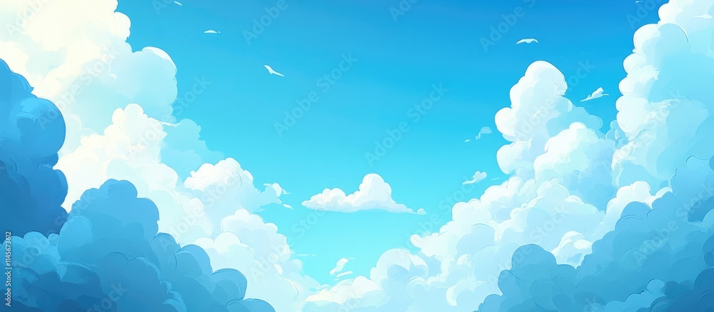 Poster serene blue sky background with fluffy white clouds creating a peaceful and inviting atmosphere for 