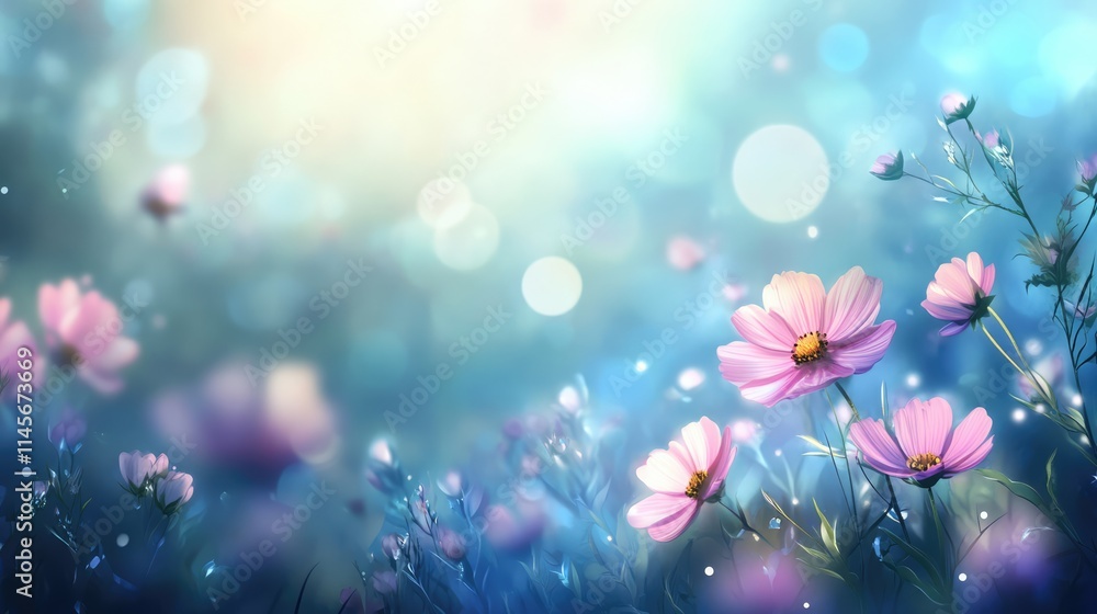 Poster bokeh floral background with soft focus flowers in a dreamy forest setting for texture and design el