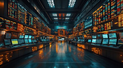 Fototapeta premium High-tech trading floor with screens and data displays.