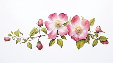 Wild rose flowers with delicate pink petals and green leaves on a white background showcasing natural beauty and floral elegance