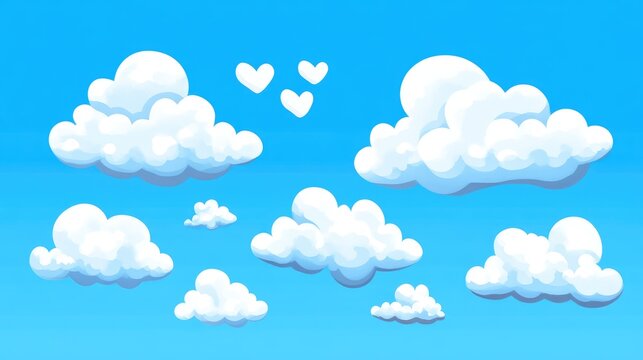 Colorful cartoon clouds drifting in a bright blue sky creating a cheerful and uplifting atmosphere for design and creative projects.