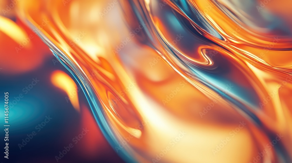 Poster abstract glossy background with smooth flowing texture and blur focus in warm tones of orange and bl