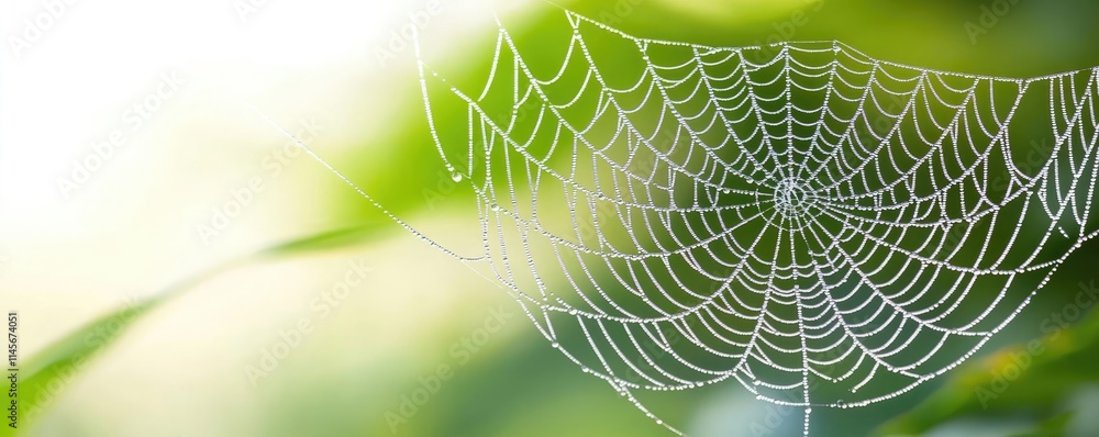 Poster macro natural idea. a close-up view of a delicate spider web adorned with dewdrops in a green natura