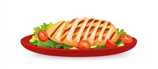 Grilled chicken fillet with fresh salad and tomatoes presented on a vibrant red plate isolated on a clean white background