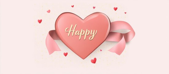 Heart-shaped decoration with a pink ribbon and the word happy symbolizing love and celebration for special occasions and holidays.