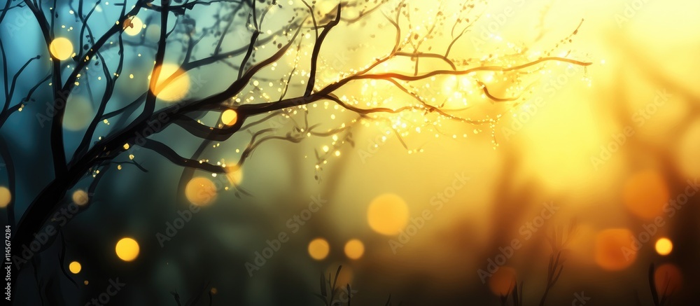 Poster ethereal forest backdrop with soft bokeh lights and tree branches creating a serene and dreamy atmos