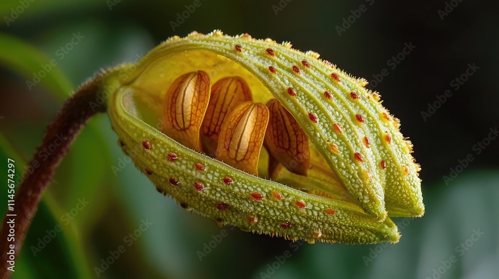 Poster macro natural idea. close-up of a unique seed pod with golden seeds and textured green casing.
