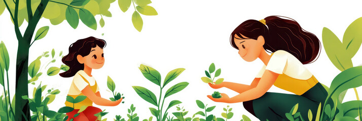 Celebrating Good deeds day with family activities in nature. Good Deeds Day. Flat illustration. Horizontal banner. Copy space