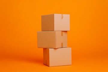 Stacked cardboard boxes on a vibrant orange background showcasing minimalistic design