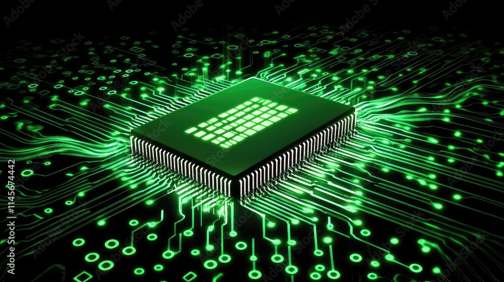 Poster a glowing digital microchip surrounded by holographic binary code streams, symbolizing advanced digi