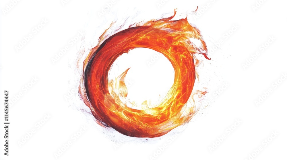 Poster circular orange flame on white background representing energy and power in a dynamic abstract design