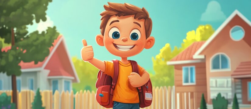 Cheerful schoolboy with a thumbs up smiling on his first day of school with a backpack in a vibrant neighborhood setting.