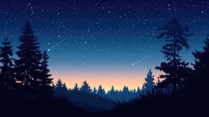 Naklejka premium Stunning Night Sky with Stars and Galaxies Above a Silhouetted Forest at Dusk