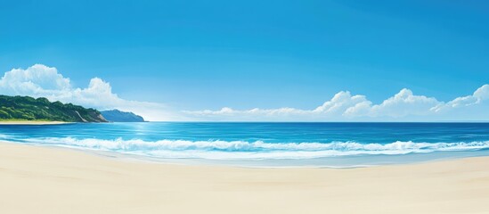 Tranquil beach landscape with serene sea, distant hills, and expansive horizon on a clear blue sky day.