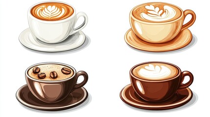 Obraz premium Assorted coffee cups with latte art on saucers against a bright background showcasing different milk coffee styles and textures.