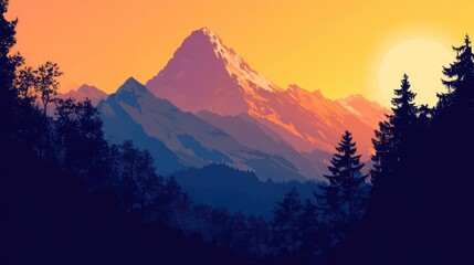 Majestic mountain silhouette at sunset with vibrant colors and lush forest foreground creating a serene landscape panorama